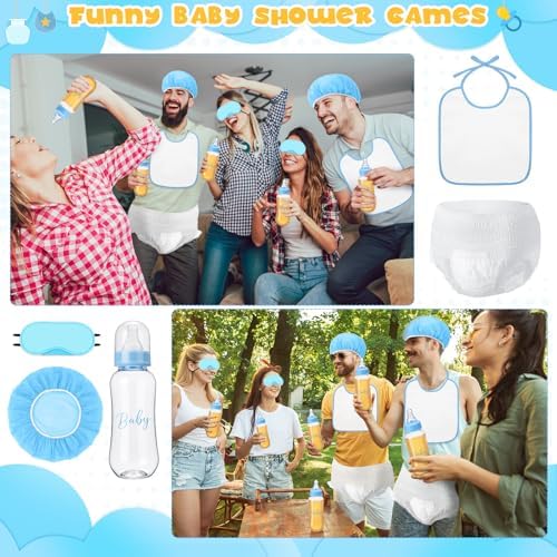 6 Sets Bottle Chug Baby Shower Blind Games Juegos Para Include Plastic Bottles Bibs Hat Eye Mask Disposable Diapers Blindfolded Baby Shower Bottle Games Gender Reveal Decoration (Blue) - Image 6