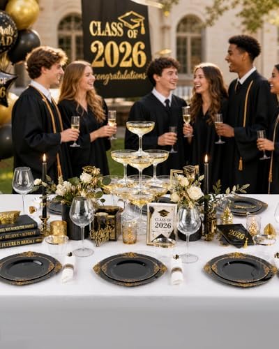 Nervure 175Pcs Black Plastic Plates, Disposable Party Plates for 25 Guests - Image 4