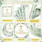 Ceenna 452 Pcs First Communion Party Decoration Boy for 50, Green Baptism Paper Plate Napkin Cup Tablecloth Cutlery Straw God Bless Disposable Tableware for Christening Religious Baby Shower Supplies - Image 2