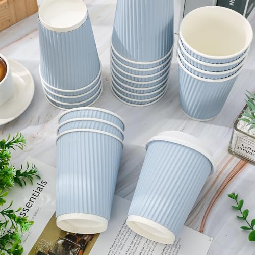 Whaline 100 Pcs Light Blue Disposable Coffee Cups with Lids 12 Oz Solid Blue Paper Cups Corrugated Ripple Wall Insulated Hot Cup for Home Office Party Supplies - Image 3