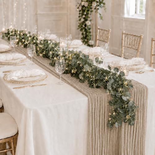 Cinrobiye 11pcs Cheesecloth Table Runner Set 120 Inch – Gauze Table Runner with Napkins, Eucalyptus Garland & String Lights for Wedding Baby Shower Table Decor, Rustic Boho - Image 4