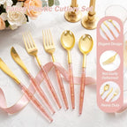 Supernal 102Pcs Pink Gold Plastic Cutlery Set Heavy Duty Utensils for Party - Image 4