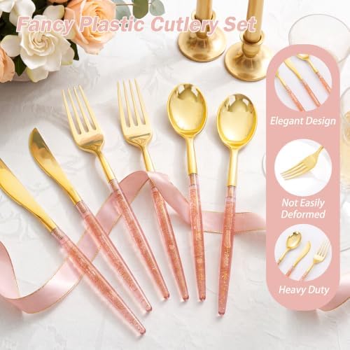 Supernal 102Pcs Pink Gold Plastic Cutlery Set Heavy Duty Utensils for Party - Image 4