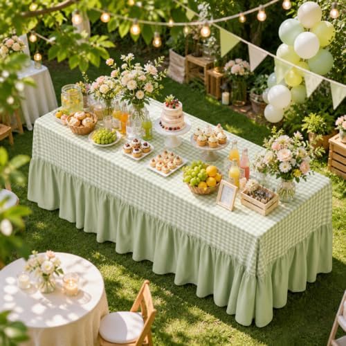 Sage Green Gingham Tablecloth Plaid Ruffled Table Skirt, 132 x 90'' - Image 3