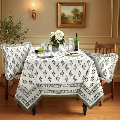 Ridhi Block Print Nature Spring Rectangle Cotton Tablecloth 108" x 70" Reusable Table Cover Decorative Everyday Use for Dining, Farmhouse, Home Gift for Spring, Easter, Summer - Image 2