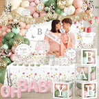 Baby in Bloom Baby Shower Decorations - 321cs Wildflower Theme Baby Shower Plates and Napkins,Floral Baby in Bloom Banner,Backdrop,Balloon,Cups,Box with Letters,Caketopper for Wildflower Baby Shower - Image 2