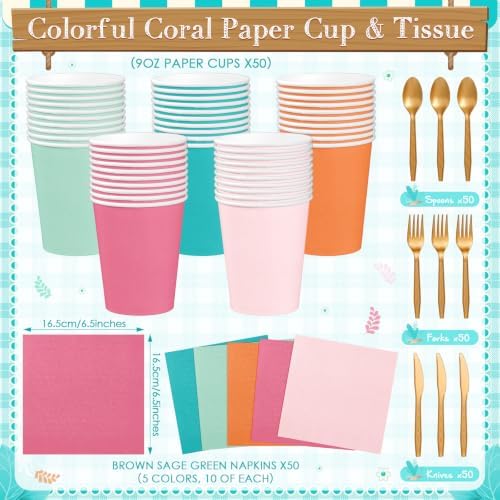 Mimorou 354 Pcs Tropical Coral Party Supplies for 50 Guestes - Image 3