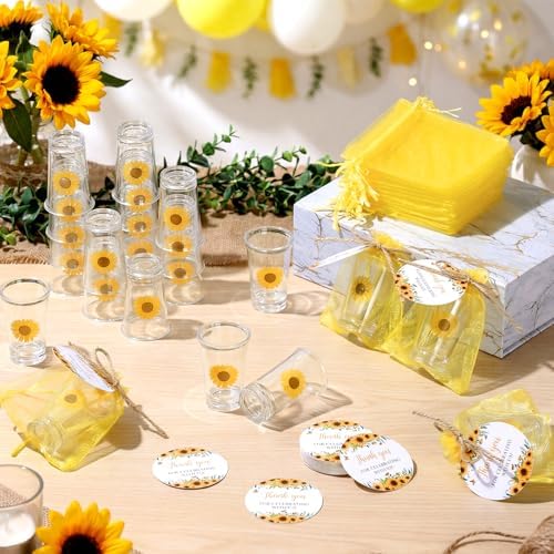 Funnymoom 50 Sets Sunflower Birthday Party Favors for Guests Souvenir Yellow Sunflower Acrylic Clear Shot Glasses Thank You Tags with Organza Bridal Shower Baby Shower Party Supplies - Image 5