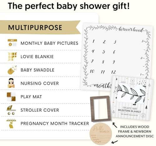 Pondering Pine Organic Baby Monthly Milestone Blanket Boy or Girl - Months Blanket with Wood Frame and Newborn Announcement Disc - Growth Chart for 1-12 Month Milestones, Gender Neutral, 47”x47” - Image 5
