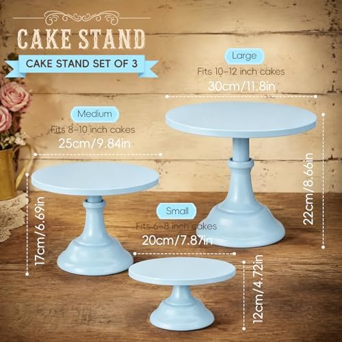 3 PCS Blue Round Cake Stand Set, Multi Size Metal Cupcake Holders Stand for Birthday Wedding Banquets, Pastry Display Holders for Holiday Party Dessert Display Table Decor (8"/10"/12" Plate) - Image 2