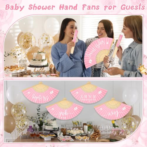 Threehoney 25 Sets Baby Shower Favors 5 Styles Bamboo Paper Hand Fans,Pink - Image 6