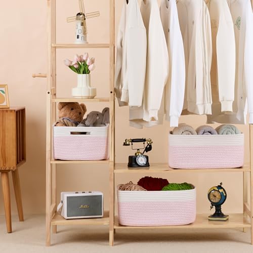 MiniArk Woven Pink Cotton Storage Baskets, 3 Pack, 17 x 13 x 7.5 inches - Image 3