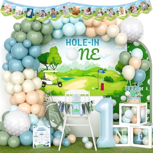 Hombae Hole in One Birthday Party Decorations, Golf First Birthday Decorations, 1st Birthday Decorations Boys, Golf Themed Backdrop Balloon Garland Banner Cake Topper Crown Poster Boxes Cutout by Hombae