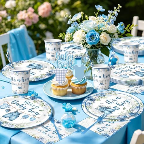 Baby Boy Shower Decorations, All-in-One Set with Boy Baby Shower Plates and Napkins, Balloon Arch, Cake Topper, Balloon Box, Banner, Tablecloth, Baby Shower Decorations Boy Serves 20 - Image 2