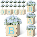 4 Set Baby Shower Centerpieces for Tables, 6 Inch Wooden Baby Letter Blocks with 12 Blue Artificial Peony Flowers, Cube Planter Boxes Gender Reveal Party Table Decor Home Decoration by Tiangrid