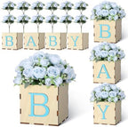 4 Set Baby Shower Centerpieces for Tables, 6 Inch Wooden Baby Letter Blocks with 12 Blue Artificial Peony Flowers, Cube Planter Boxes Gender Reveal Party Table Decor Home Decoration by Tiangrid