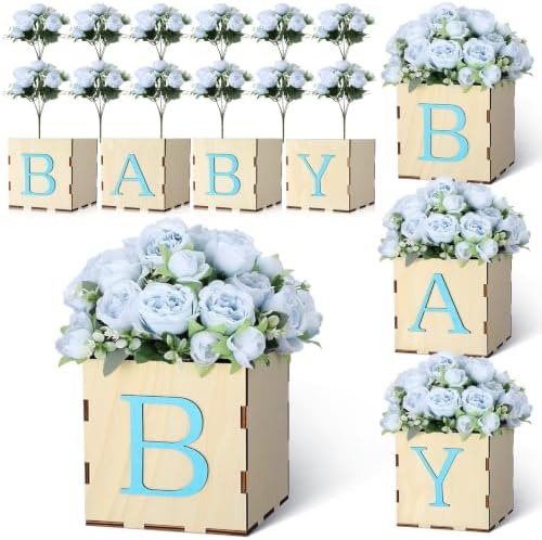 4 Set Baby Shower Centerpieces for Tables, 6 Inch Wooden Baby Letter Blocks with 12 Blue Artificial Peony Flowers, Cube Planter Boxes Gender Reveal Party Table Decor Home Decoration by Tiangrid