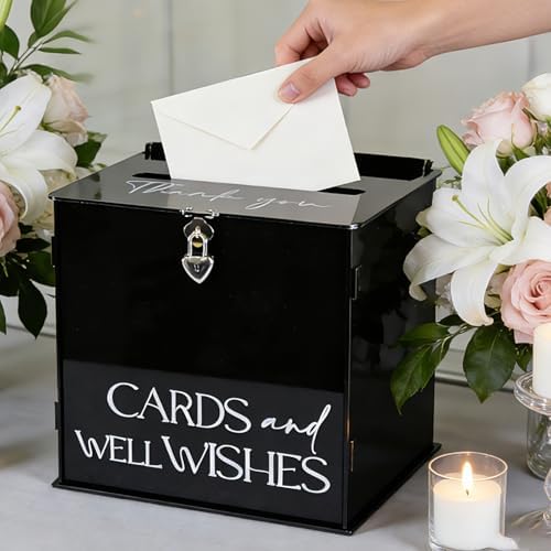 Black Acrylic Card Box with Lock & Slot, Gothic Wedding Card Boxes for Reception, Elegant Money Envelop Gift Cards Box for Party Wedding Birthday Baby Shower Graduation Table Decor - Image 4