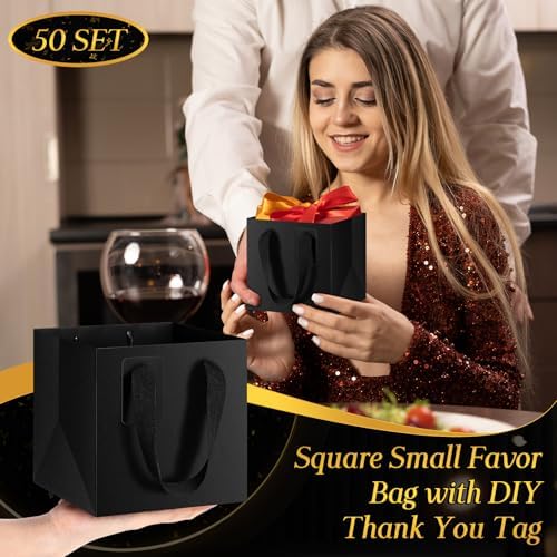 Windyun 50 Pcs Mini Paper Gift Bags with Handle 6 x 6 x 6'' Square Small Favor Bag with DIY Thank You Tag for Christmas Birthday Wedding Bridal Shower Bridesmaid Graduation Party (Black) - Image 3
