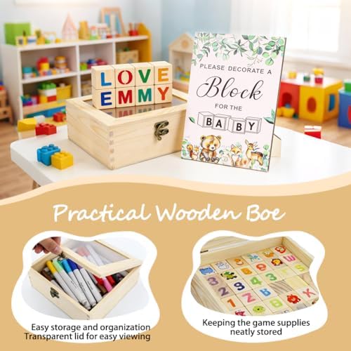 Baby Shower Blocks to Decorate，102PCS Baby Shower Blocks Game Set，Includes Clear Window Wooden Box, 40 Templates to Paint, 12 Acrylic Markers & 1 Wooden Sign Suitable for Boy and Girls - Image 6
