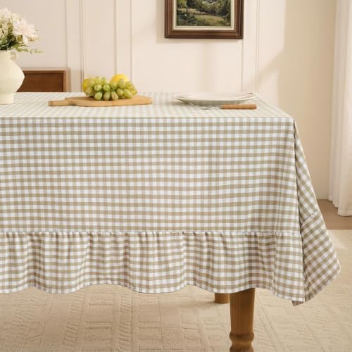 Romanstile Gingham Ruffled Tablecloth Rectangle, 60 x 120 Inch, Taupe by Romanstile