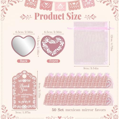 50 Set Cielito Lindo Mexican Baby Shower Party Favors, Heart-Shaped Mirrors with Organza Bags & Thank You Cards, Pink Talavera Party Gifts Bulk for Guests Bridal Shower Wedding Gender Reveal Party - Image 2