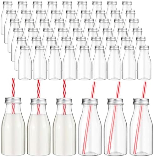 Yinkin 60 Sets Plastic Milk Bottles with Straws Bulk Reusable Beverage Containers for Birthday Baby Shower Party with Metal Lids Straws for Milk Juice Smoothies (8 oz,Red,White) by Yinkin