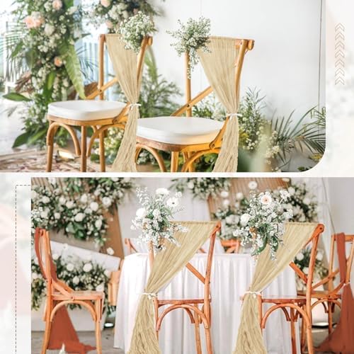 50 PCS Cheesecloth Chair Sashes Bows Wedding Aisle Decorations Chair Ribbon Ties Back Sash for Wedding Party Events Banquet Chair Cover Decoration (Beige) - Image 7