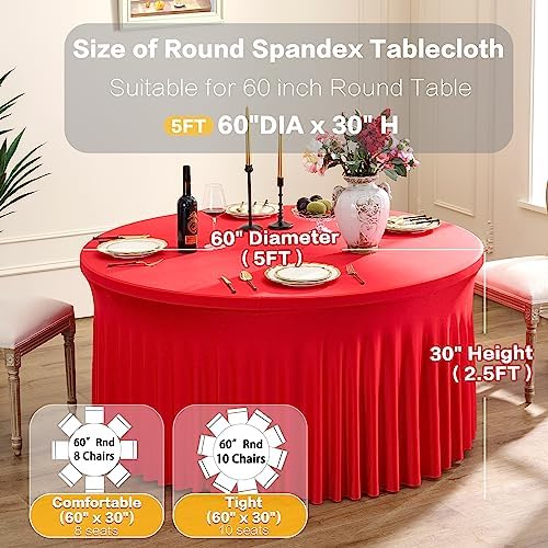 6 Pack Spandex Red Round Tablecloths for 60inch Table, 120in Stretchy Fitted 5ft Tablecloths, Wrinkle Free Round Table Clothes Covers with Skirt for Wedding Birthday Parties Banquet - Image 5
