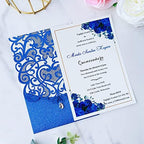 Hosmsua 50pcs Personalized Wedding Invitation Kit 5.12 x 7.3 Inch Royal Blue Laser Cut Flora Rehearsal Wedding Invitations with Envelopes for Quinceañera Bridal Shower Invite - Image 3