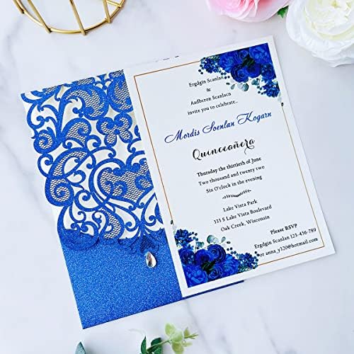 Hosmsua 50pcs Personalized Wedding Invitation Kit 5.12 x 7.3 Inch Royal Blue Laser Cut Flora Rehearsal Wedding Invitations with Envelopes for Quinceañera Bridal Shower Invite - Image 3