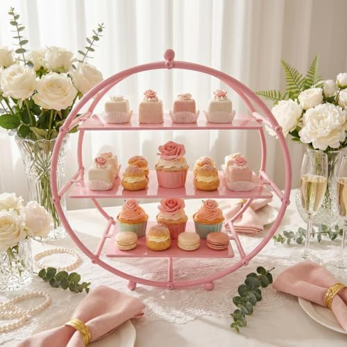 Pink 3 Tier Metal Cupcake Stand Tiered Dessert Display Serving Tray - Image 6