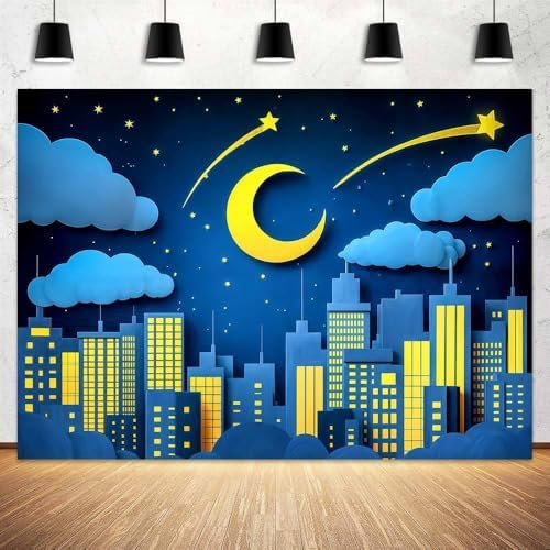 8 x 6 ft Moon Stars Clouds Backdrop Super City Cartoon Paper Cut Hero Photography Backdrop Skyscraper Urban Light Girl Boy Birthday Baby Shower Party Photo Studio Props - Image 2
