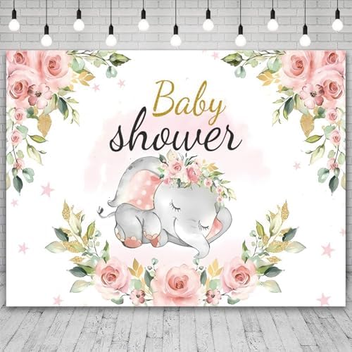 9x6ft Elephant Baby Shower Backdrop for Girl Pink Flowers Photography Background Newborn Girls Birthday Banner Decorations Sweet Princess Baby Party Portrait Photo Booth Prop - Image 3