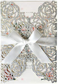50PCS 5.12 x 7.28'' Personalized Laser Cut Wedding Invitations Cards with Envelopes Hollow Rose Pocket with Bowknot Invitation for Wedding Bridal Shower Invite (Silver Glitter) by KUCHYNEE