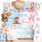 Boots or Bows Gender Reveal Decorations, Girl or Boy Themed Party Balloon Arch Kit Supplies Includes Balloons Banners Sash Badge Backdrop Topper Poster Balloon Boxes Tablecloth Marker 147 PCs by Fiesec