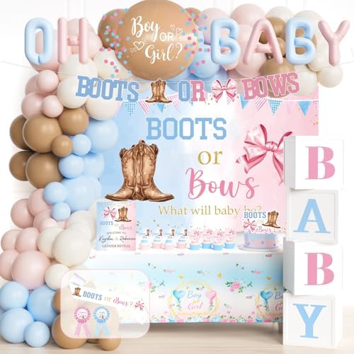 Boots or Bows Gender Reveal Decorations, Girl or Boy Themed Party Balloon Arch Kit Supplies Includes Balloons Banners Sash Badge Backdrop Topper Poster Balloon Boxes Tablecloth Marker 147 PCs by Fiesec
