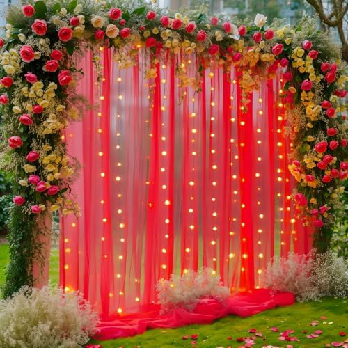 30×10ft Red Tulle Backdrop Curtain with Lights String for Parties, Sheer Photo Backdrop Curtains for Wedding Party Photography Background by WishCare