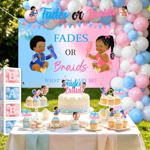 Fades Or Braids Gender Reveal Party Decorations Kit With 4.9 x 3.3 ft Backdrop Banner Balloon Garland Cake Topper Cupcake Toppers Sash And Letter Banner For Baby Shower Celebration - Image 2