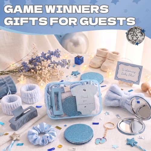 74PCS Baby Shower Prizes for Game Winners with Clear Makeup Bags Glitter Mirrors Belly Rulers Baby Feet Keychains Headbands Hair Claws for Baby Shower Games and Bridal Shower Favors (Blue, 6 Sets) - Image 4