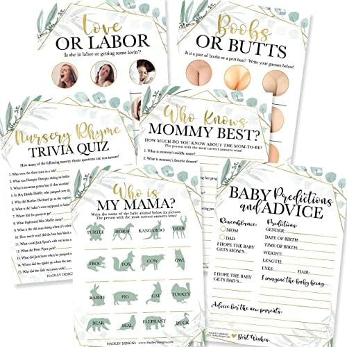 Hadley Designs 50 Greenery Who Knows Mommy Best, Baby Prediction and Advice Cards etc., 25 Love or Labor, Boobs Or Baby Butts Gender Reveal-6 Double Sided Cards Baby Shower Funny Games by HadleyDesigns