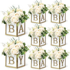 8 Set Baby Shower Centerpieces for Tables - 6 inch Wooden Boxes with Baby Letters Rustic Cube Planter Wood Blocks for Gender Reveal Party Favor (Gold) by ACMEE