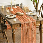 Artoid Mode 10PCS Orange Gold Gauze Table Runner 120 Inch 10FT, Glitter Metallic Foil Sheer Dining Wedding Anniversary Holiday Table Decor for Home Party - Image 2