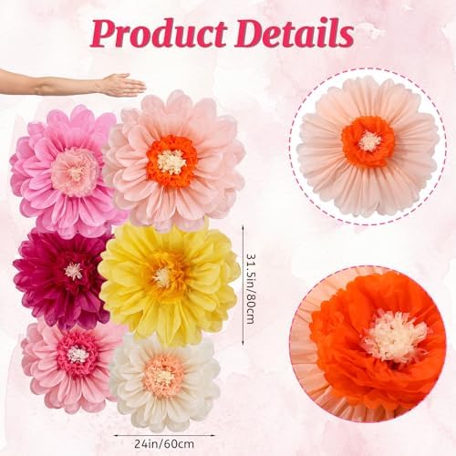 Giegxin 6 Pcs 31.5", 24" Large Pink White Yellow Crepe Paper Flowers - Image 2