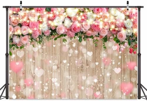 10X8FT Pink Rose Flower Backdrop Birthday Party Decorations Wooden Wall Hearts Photography Background Girls Baby Shower Banner Photo Booth Props Decor by Uokiuki