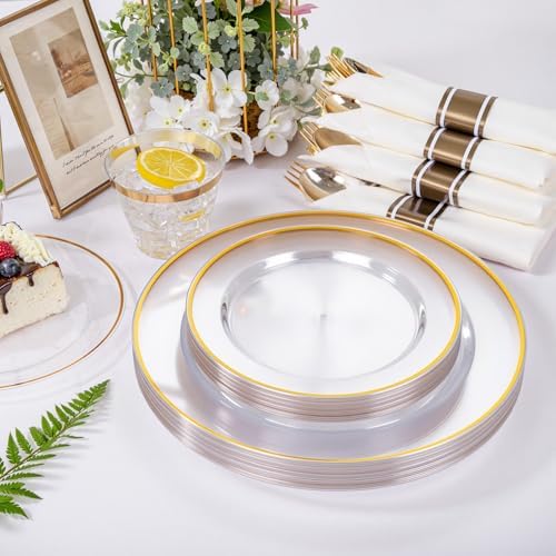 SUT 175 Pcs Gold and Clear Plastic Dinnerware Set for 25 Guests, Include: 25 Dinner Plates, 25 Dessert Plates, 25 Pre Rolled Napkins With Silverware, 25 Cups, Disposable Plates for Party, Wedding - Image 4