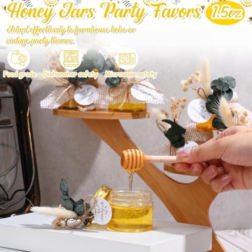 60 Set 1.5 oz Mini Plastic Honey Jars Small Honey Jars Party Favors in Bulk with Gold Lids Wood Bee Dipper Thank You Card Burlap Fabric Twine String Natural Plant for Baby Shower Wedding Gift - Image 3