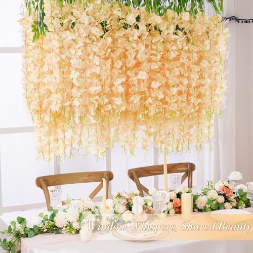 Waipfaru 24 Pack Wisteria Hanging Flowers, 3.6 Feet Champagne Wisteria Artificial Flowers, Artificial Fake Flower Garland, Hanging Vines for Bedroom Wedding Home Party Wall Decor (Champagne, 24pcs) - Image 5