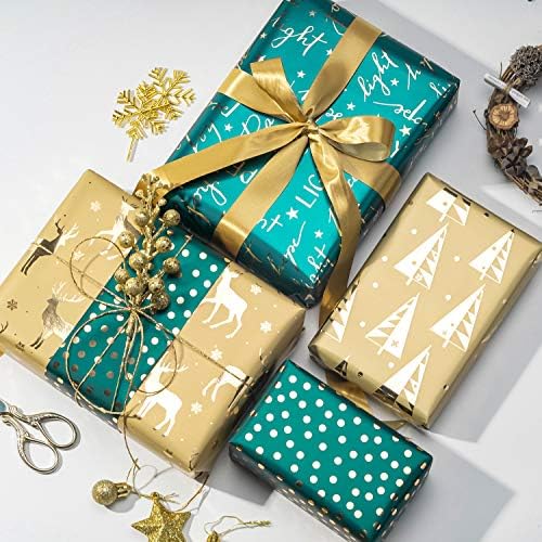 WRAPAHOLIC Green Christmas Wrapping Paper Set - Green and Gold Metallic Foil Shine Christmas Wrapping Paper Bundle with Gift Bow & Ribbon & Tag & Sticker - Image 2
