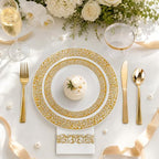 WELLIFE 350Pcs Gold Dinnerware Sets, Plates and Napkins Party Supplies Include:50 Dinner Plates, 50 Dessert Plates, 50 Paper Napkins, 50 Cups, 50 Gold Plastic Cutlery Set - Image 3